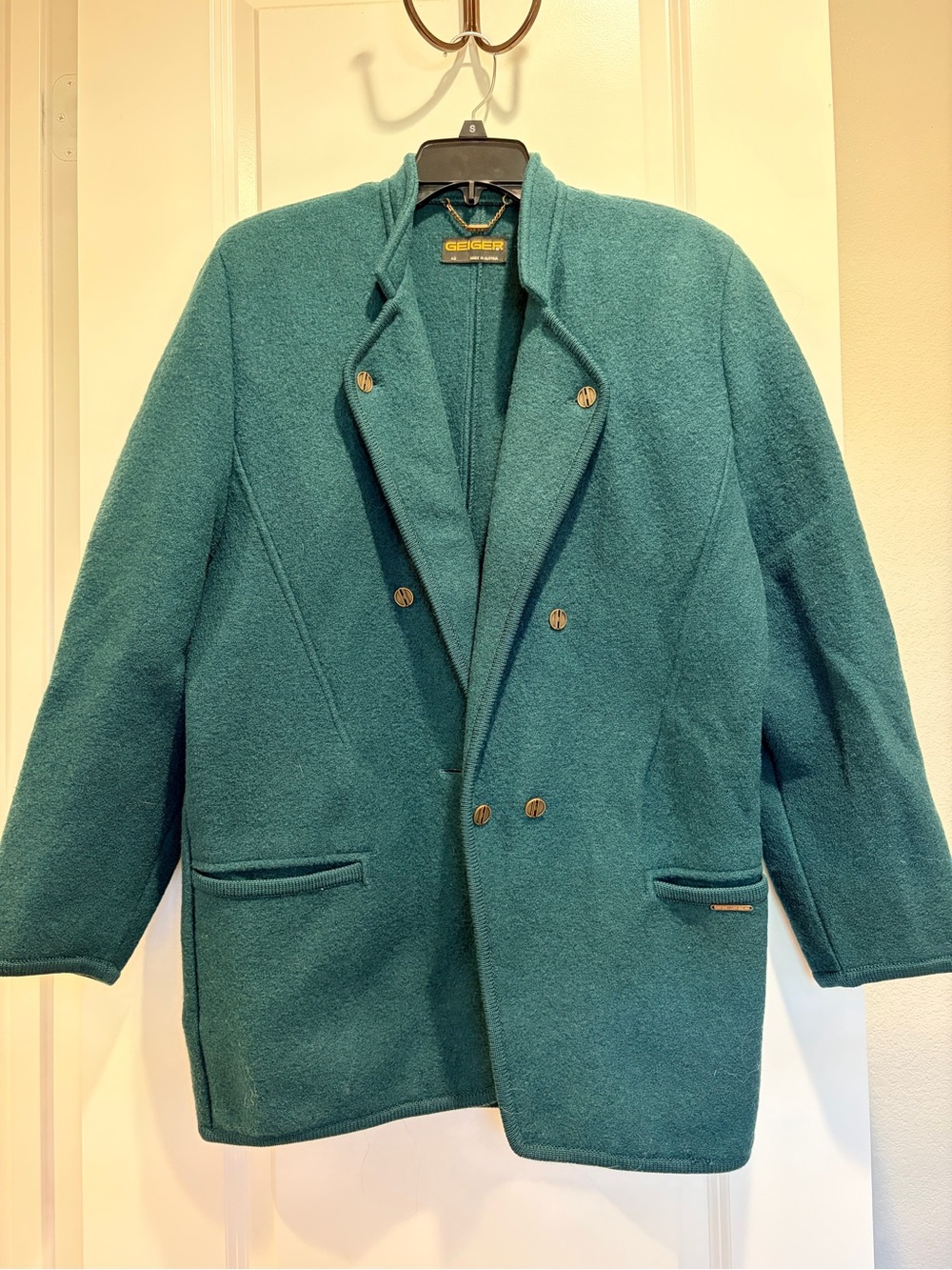 Geiger Vintage Green Wool Double-Breasted Coat w Shoulder Pads EU40, US10, L